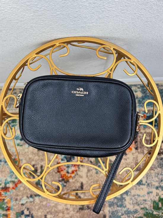 Coach Handbags - Coach Black Pebbled Leather Wristlet with Gold-Tone Hardware and Zip-Up Closure